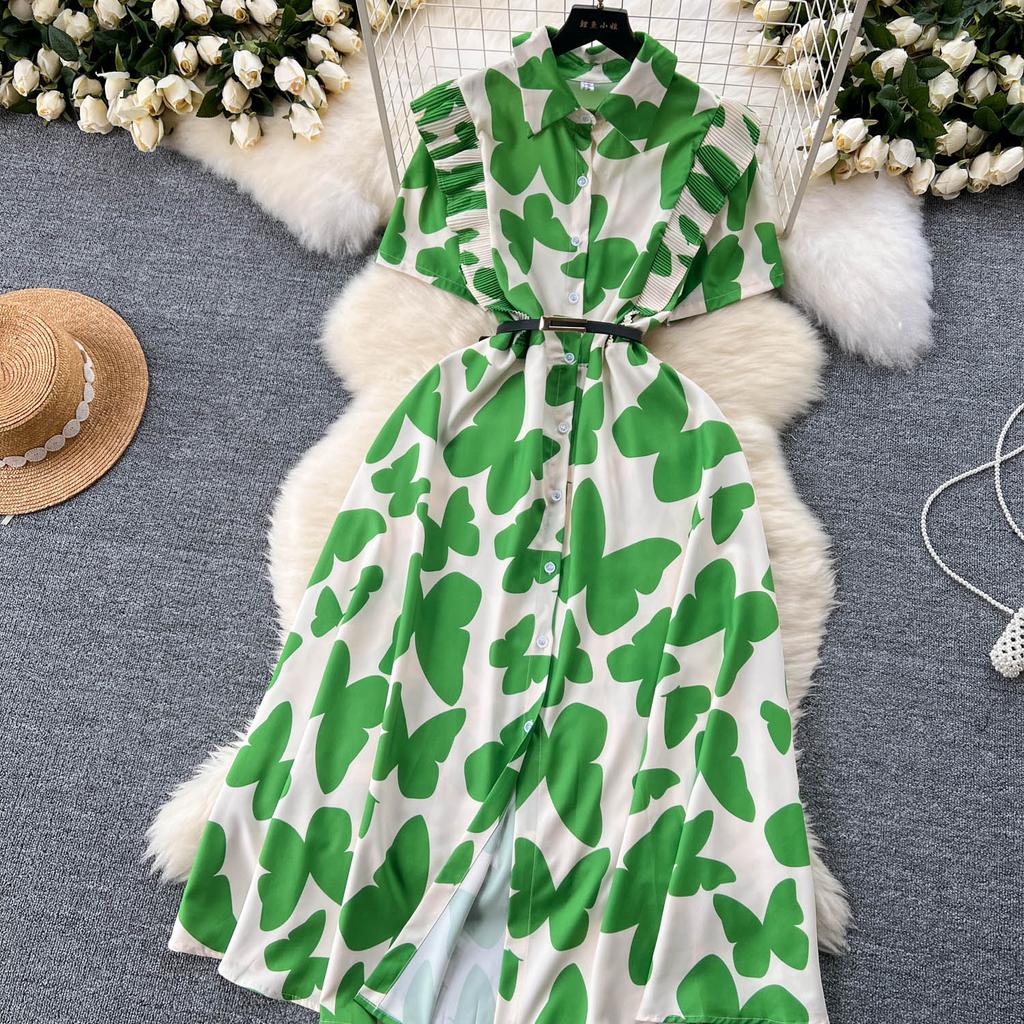 Šik Elegantní Potisk Jedlá Stromová Houba Krátký Rukáv Elegantní Zavinovací Límec Bodycon Šaty Módní Štíhlé Letní Šaty