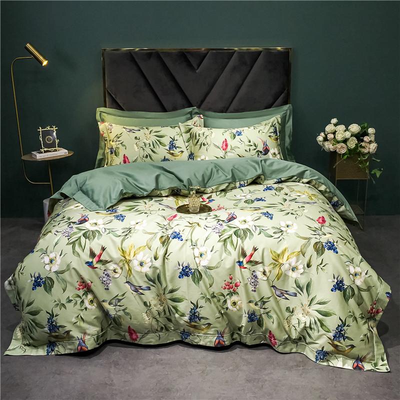 140TC Egyptian Coton Floral Bird Printing Beding Set, Soft Duvet Cover, Bed Shet, Pilowcases, American Style, High-End Premium 4Pcs