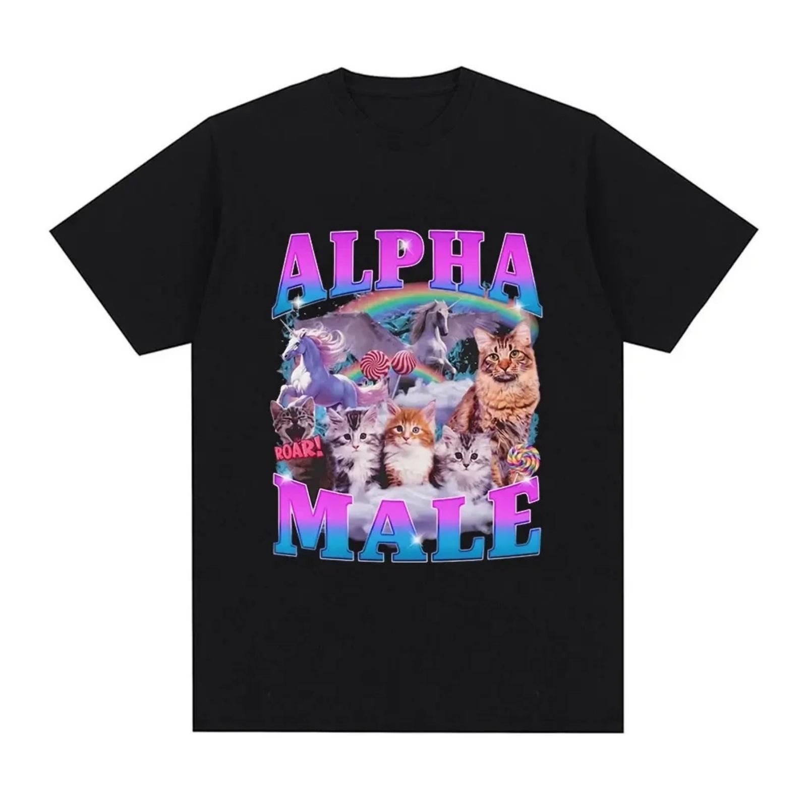 Alpha Male Kitten Cat Unicorn Rainbow Funny Meme Graphic T-shirt Women Fashion Short Sleeve T-shirts Casual T Shirts S