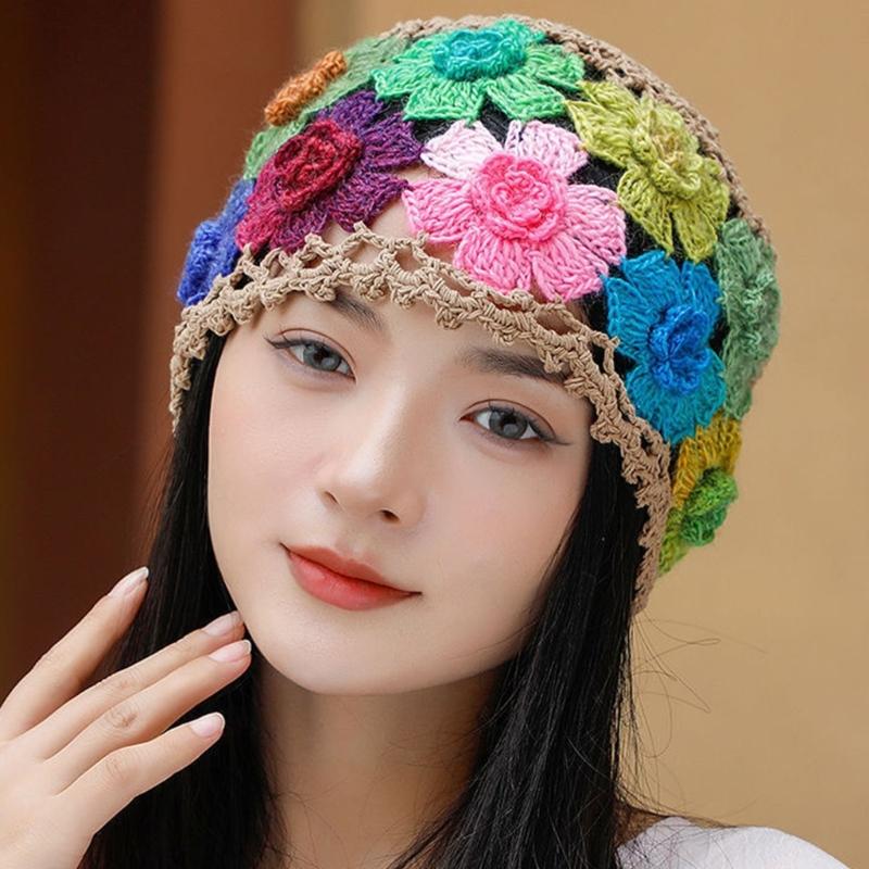 Cotton Crochet Brimless Hat With HollowOut Flower Design Summer Vacation Casual Skull Cap For Women Everyday Wear