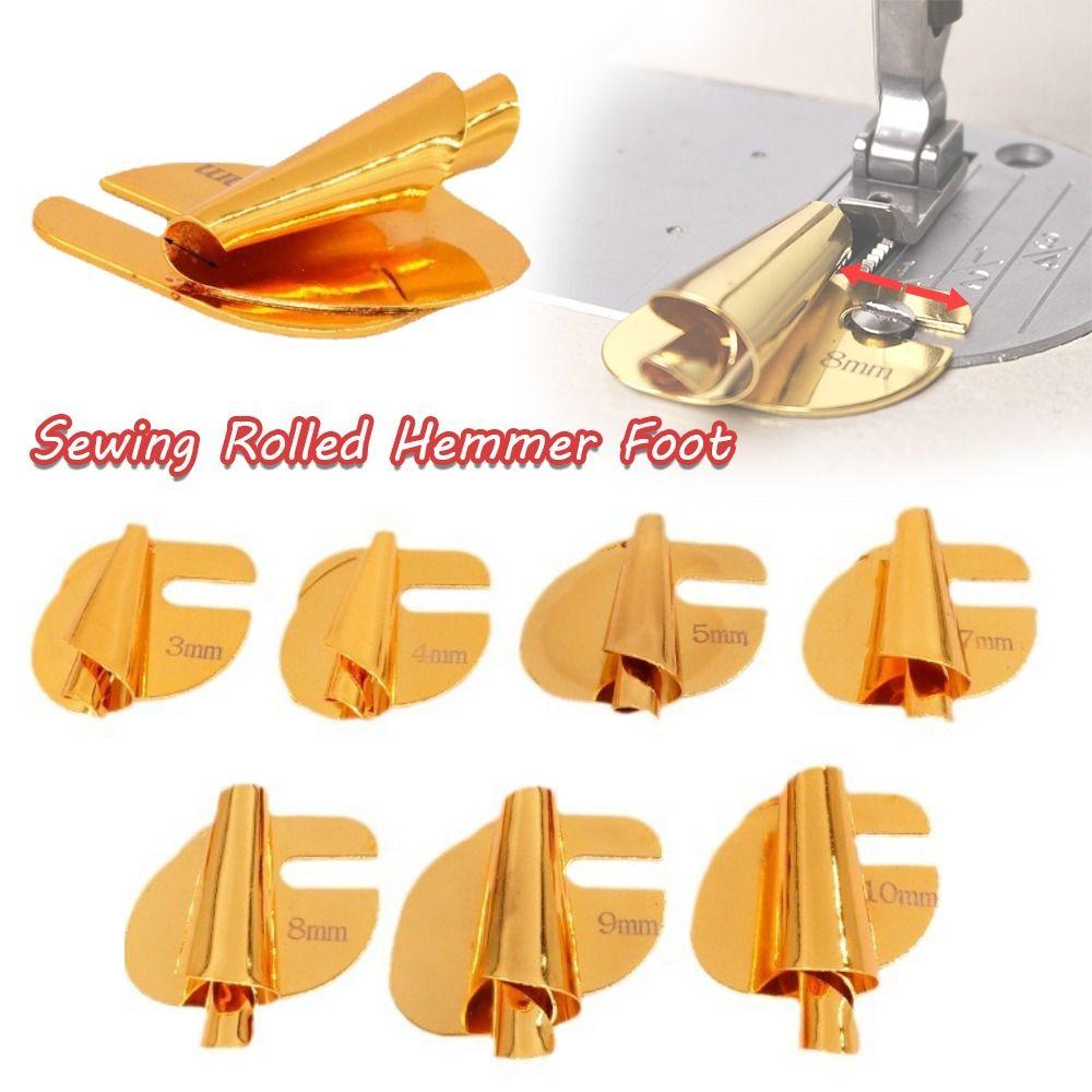 3mm-10mm Sewing Rolled Hemmer Foot Stainless Steel Gold Sewing Machine Presser Foot DIY Crafts Durable Hemming Puller Home