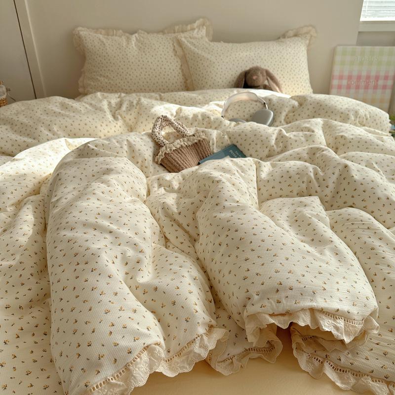 Bedding Set Four-piece Set Princess Wind Seersucker Washed Skin-friendly Breathable Comfortable Bed Sheet Quilt Cover Pillowcase