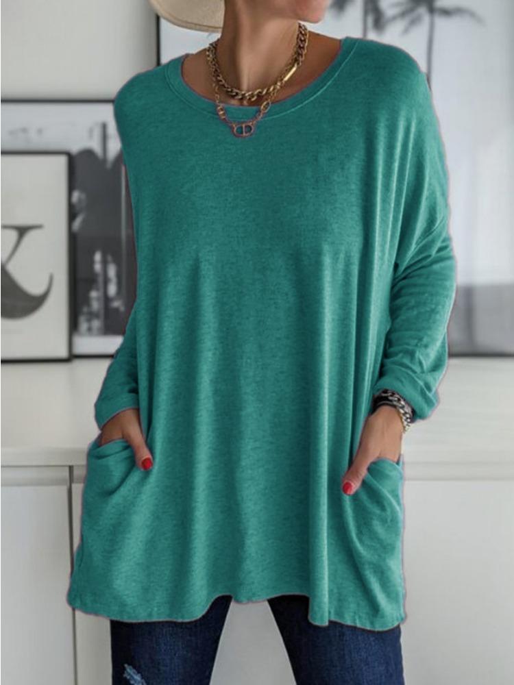 

Весна и лето Новая однотонная футболка с круглым вырезом и длинными рукавами, свободными карманами, повседневная женская одежда 5XL павлин голубой