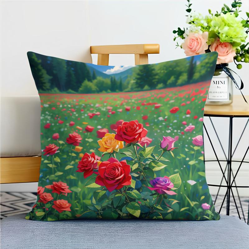 Cartoon Style Rose Pillowcase Dormitory Decoration Office Living Room Home Pillowcase