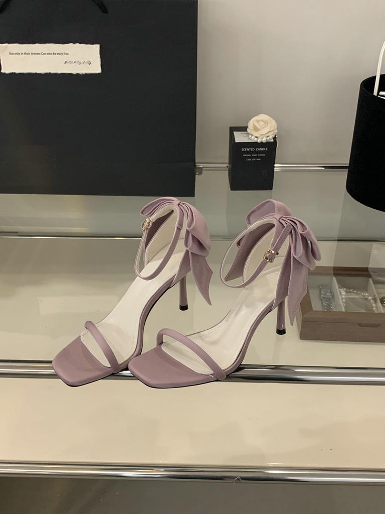 2025 Summer New Square Head Open-toed French Temperament Fairy Style Stiletto Bow Banquet Sandals Woman