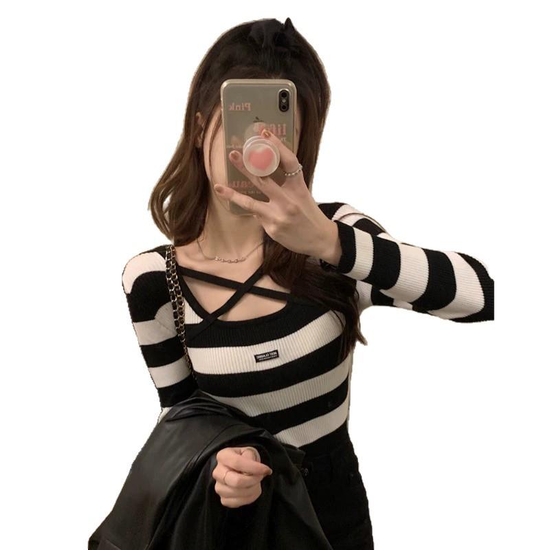 Herbst 2025 Damen Gestreiftes Strickpullover-Top