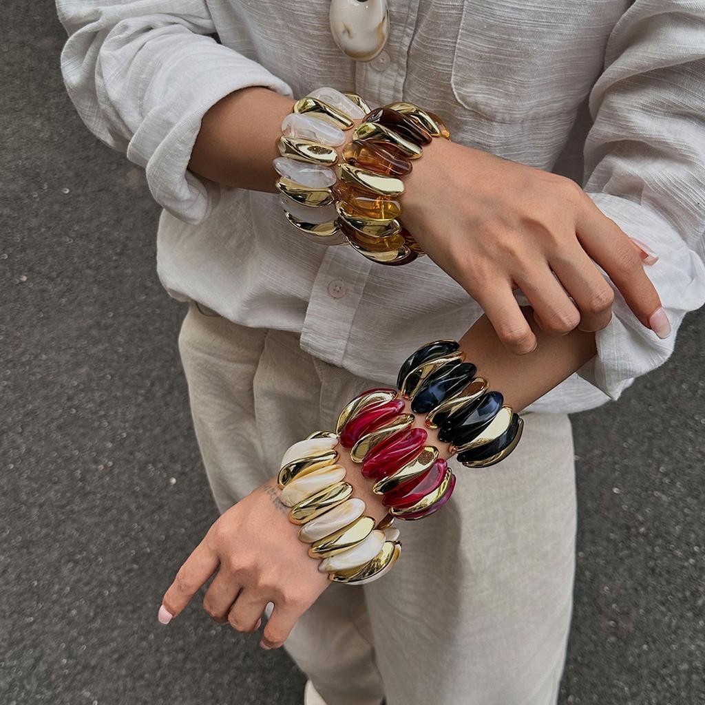 Retro Bunt gefärbtes Acrylharz Elastizität Armreif Geometrisch Übertrieben Breit Rund Stretch Armreifen für Frauen Klobiger Schmuck