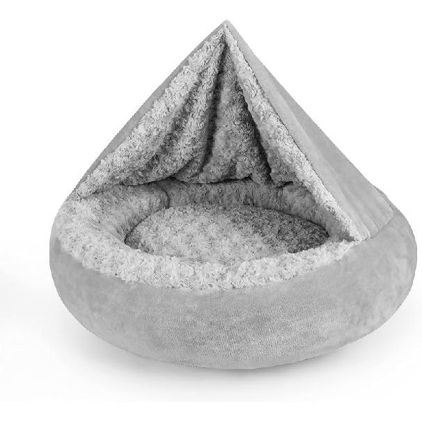 JOEJOY Маленькая лежанка для собак и кошек с капюшоном, уютная роскошная лежанка для щенков, круглая успокаивающая противотревожная лежанка-норка для собак - противоскользящая S(23  x 23  x 7 ) серый
