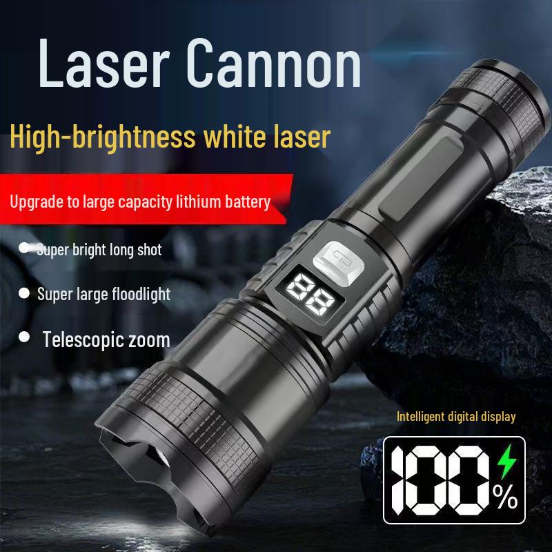 Smart Digital Display High-Power White Laser Flashlight with Telescopic Zoom for Outdoor Fishing