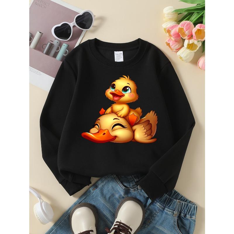 Girls' Soft Crewneck Sweatshirt with Cute Duckling on Mother Duck Print And Creative Print, Casual All-Match for Fall Winter, Ideal Holiday Present