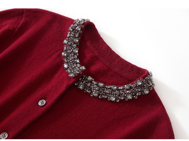 Women's Round Neck Cashmere Beaded Knit Cardigan - Autumn/Winter Solid Color Long Sleeve Versatile Fashion Sweater