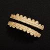 Full Paved 3 Rows T Square CZ Grillz 10 Teeth Brass Real Gold Plated Hip Hop Cool Rapper Teeth Grills Halloween Cosplay Bulk