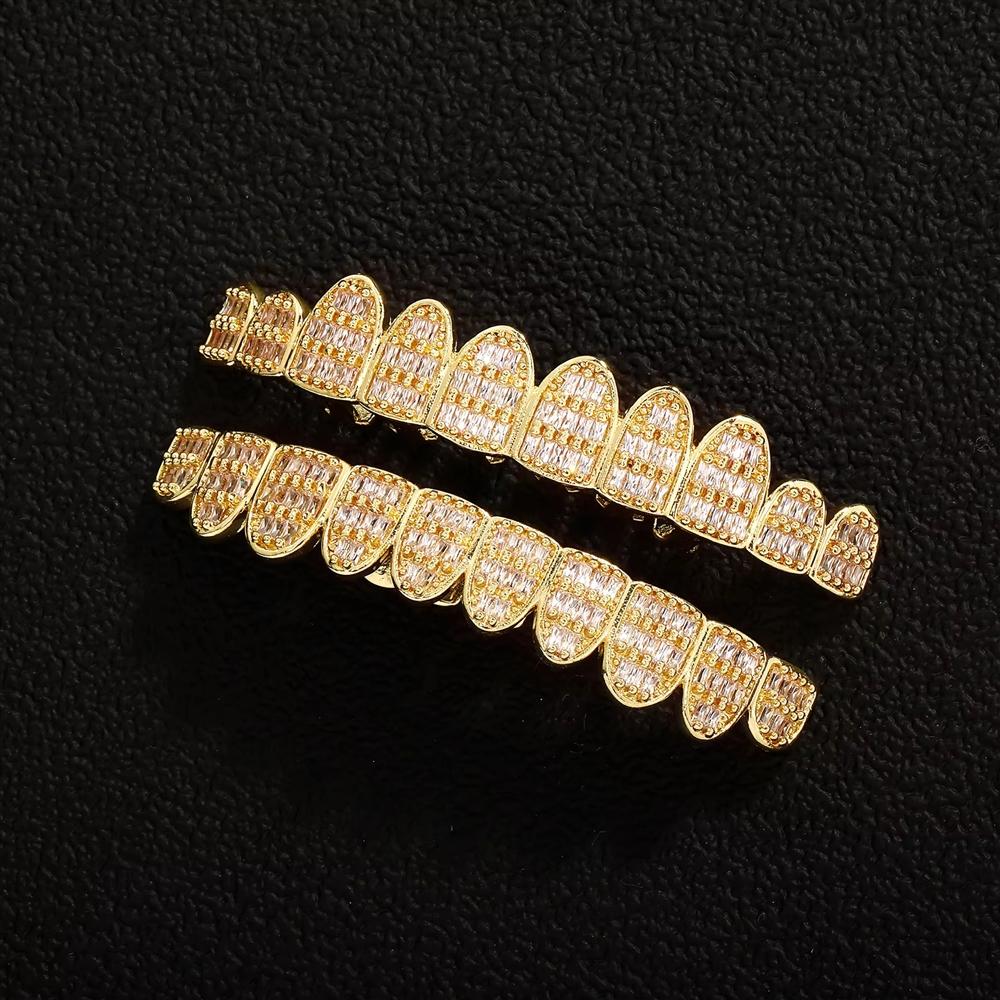 Full Paved 3 Rows T Square CZ Grillz 10 Teeth Brass Real Gold Plated Hip Hop Cool Rapper Teeth Grills Halloween Cosplay Bulk