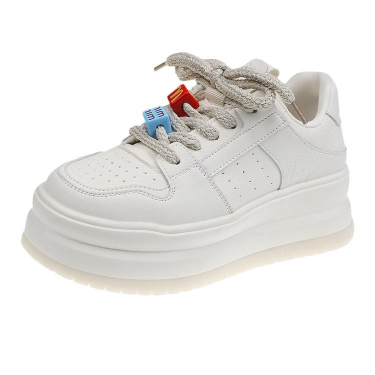 Leather platform white shoes women's 2025 spring new versatile height increase 6CM bread shoes small muffin shoes