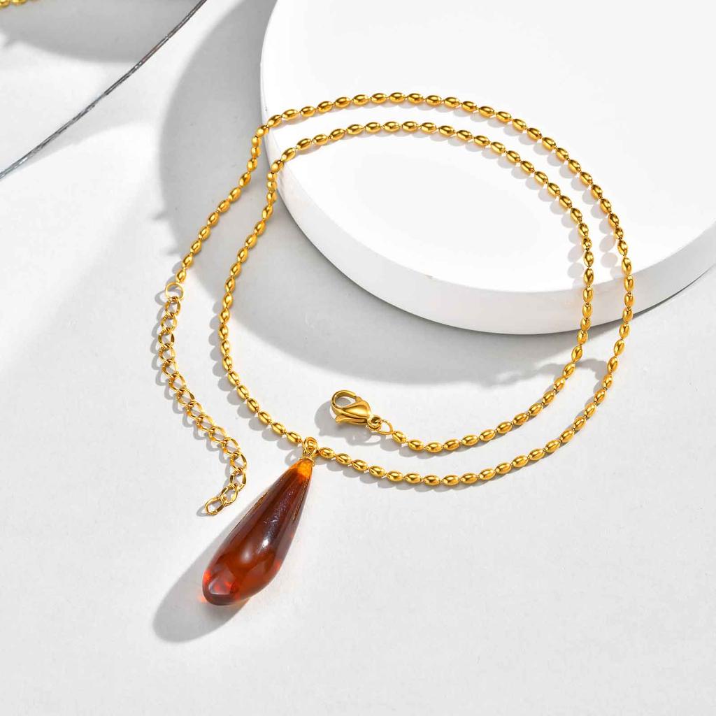Fashion Vintage Resin Water-drop Shaped Pendant Stainless Steel Rice Beads Chain Necklace for Women Luxury Jewelry Daily&Party