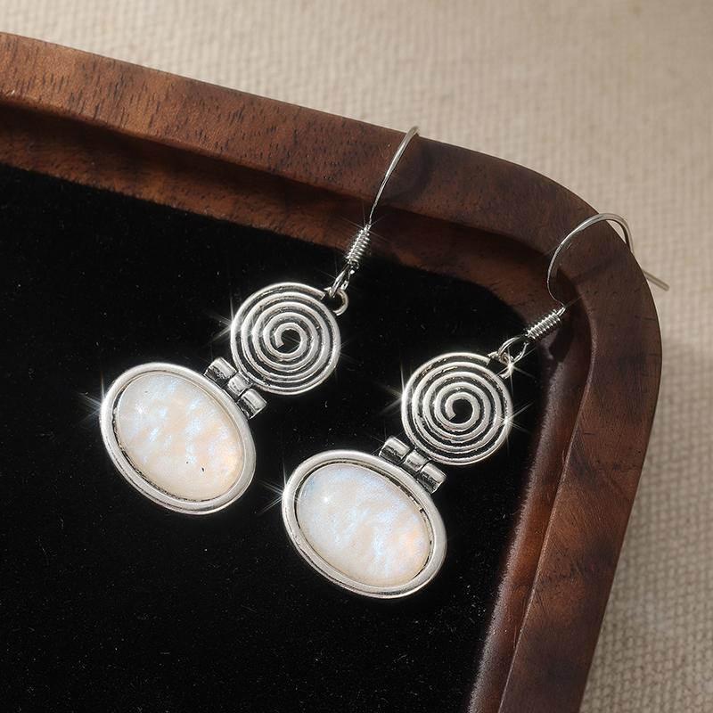 Vintage Posrebrzane Geometryczne Spiralne Kolczyki Wiszące z Kamieniem Księżycowym Damskie Eleganckie Codzienne Wszechstronne Akcesoria Biżuteria Prezenty
