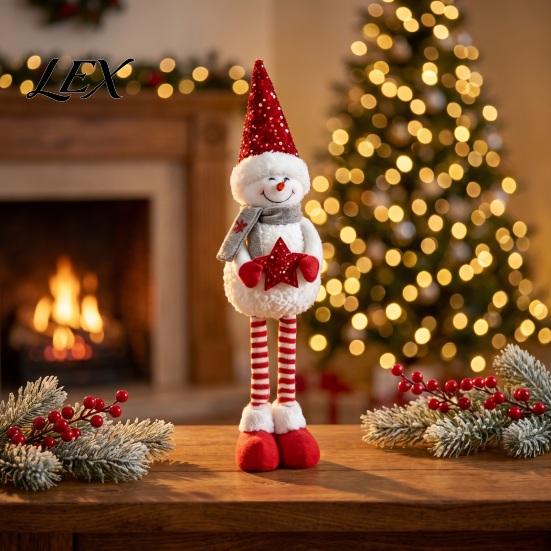 Retractable Long Leg Snowman Dolls Christmas Plush with Extendable Legs, Sequins Hat Holding Star Festive Party Supplies Doll, Standing Legs