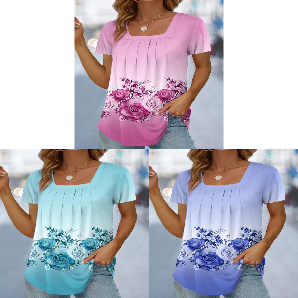 Floral Pattern Polyester Short Sleeve T Shirt For Casual Women Spring