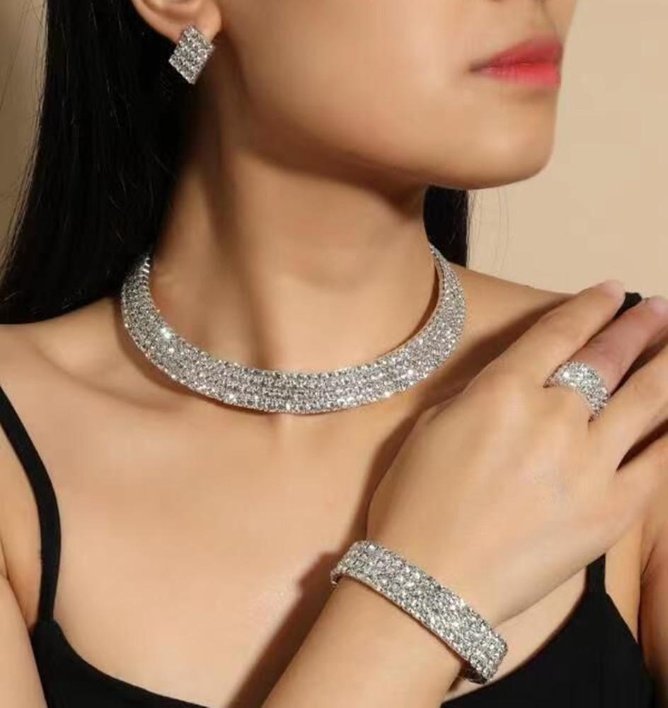 New Fashion Necklace Earrings Ring Bracelet Four-piece Set, Full Diamond Three-Row Collar Bridal Suit Women