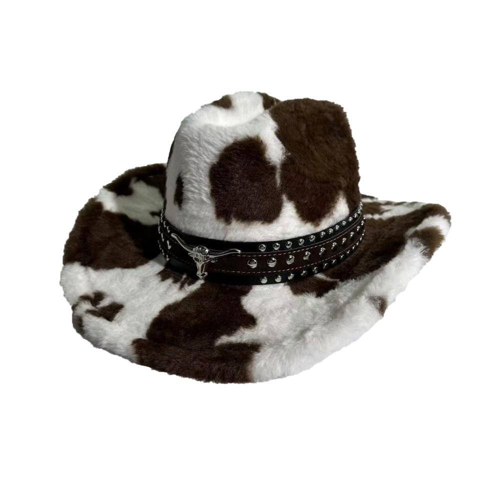 Chapeau de cowboy imprimé vache à sangle rivetée Chapeau de cowboy à large bord poilu Casquette de cowboy pelucheuse Chapeau western en peluche Saison Automne Hiver