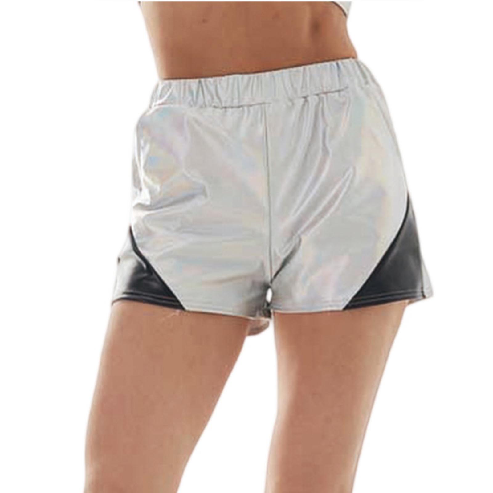 

Women s Fashion Loose Color Block Faux Leather Shorts With Pockets And Elastic Waist XXL
