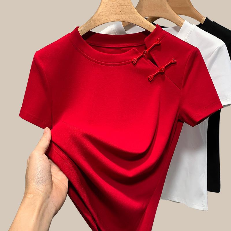 

Черная футболка с короткими рукавами для женщин, новая летняя футболка с круглым вырезом спереди и плечом, в стиле ретро, новый китайский стиль, модифицированный топ на пуговицах 3XL красный