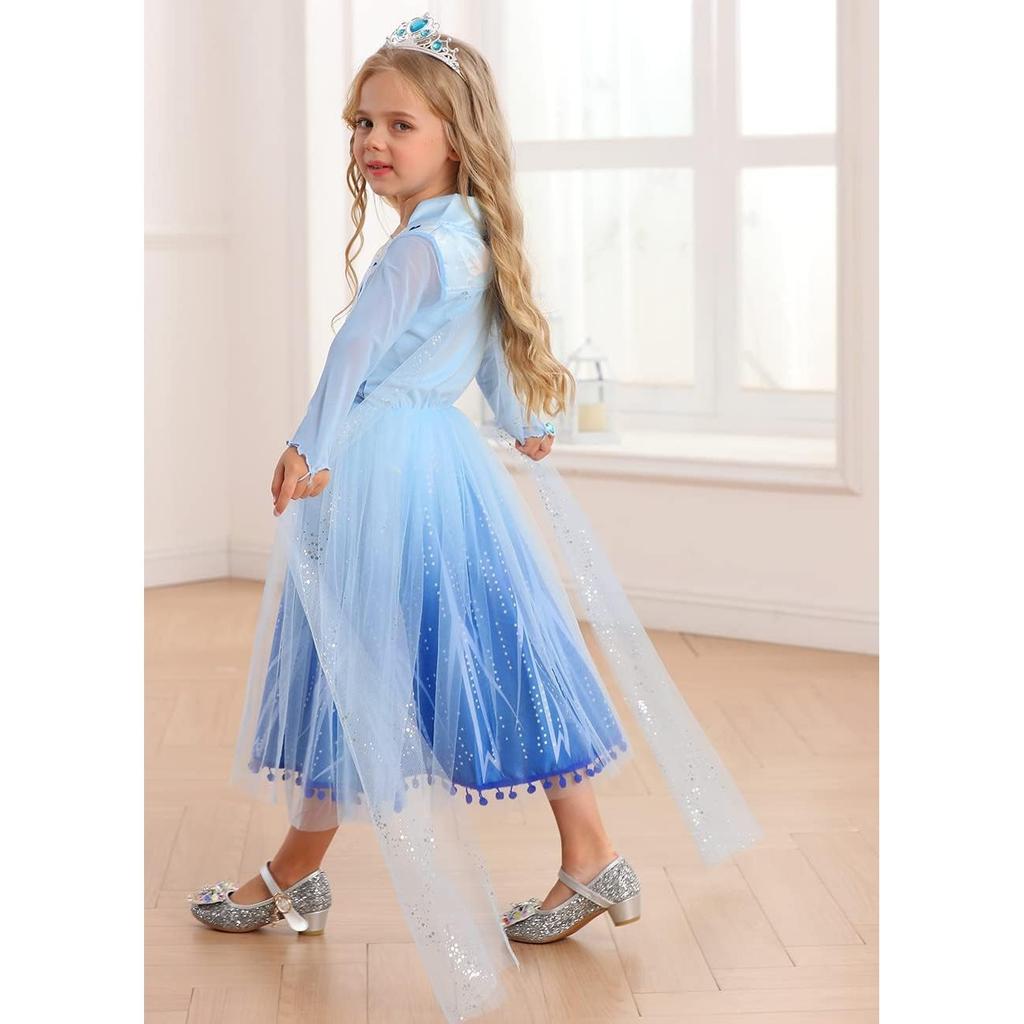 Frozen 2 Kids Elsa Dress Set with Crown, Wig and Accessories, Ice Queen, Fine Fabric, 5-6 Years, 130cm, Blue