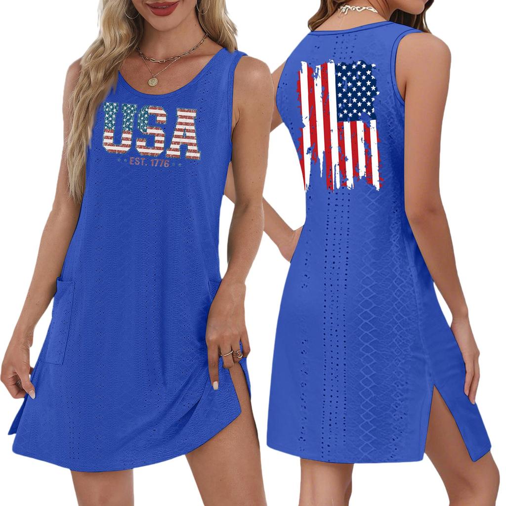 Women's Casual Fashion Breathable Independence Day Printed Pocket Hem Slit Vest Dress