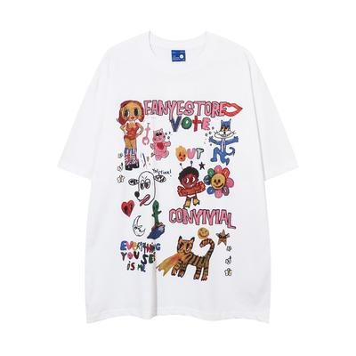 T-shirt à manches courtes imprimé dessin animé graffiti amusant pour garçons tendance hip-hop, t-shirt décontracté d'été paresseux en pur coton à manches mi-longues