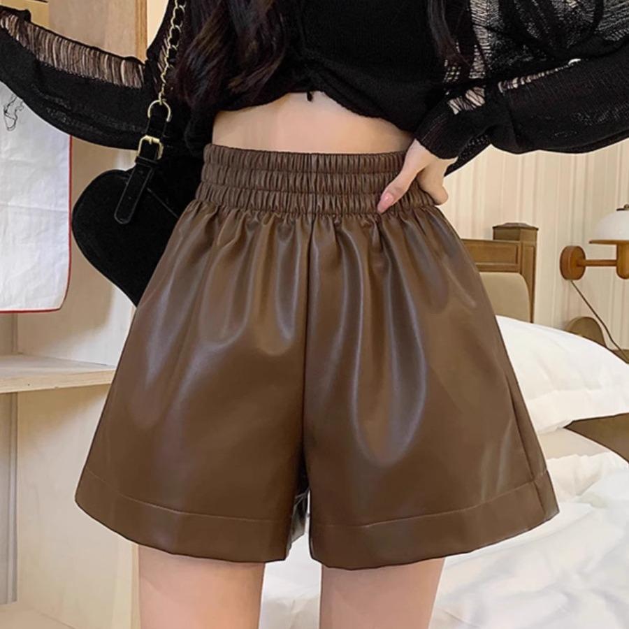 PU Leather Women’s High-Waist A-Line Shorts – Autumn/Winter 2025 Black Fashion Wide-Leg Casual Pants