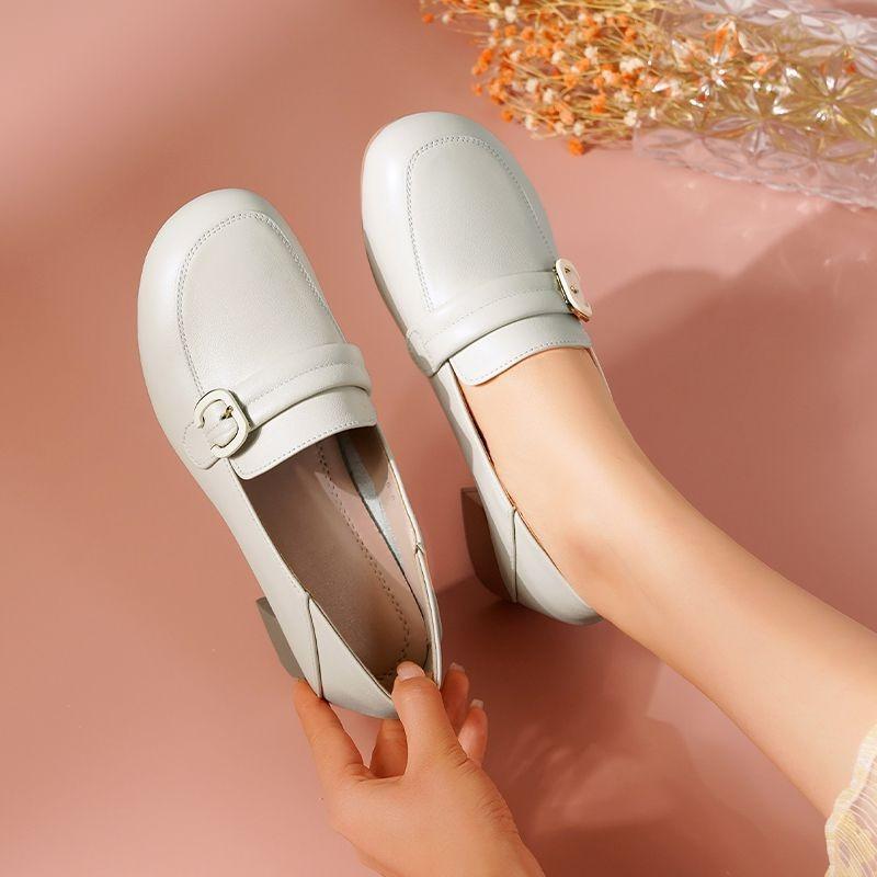 Leather soft-soled Loafu women's shoes spring and autumn new small leather shoes thick heel one pedal women's medium heel single shoes