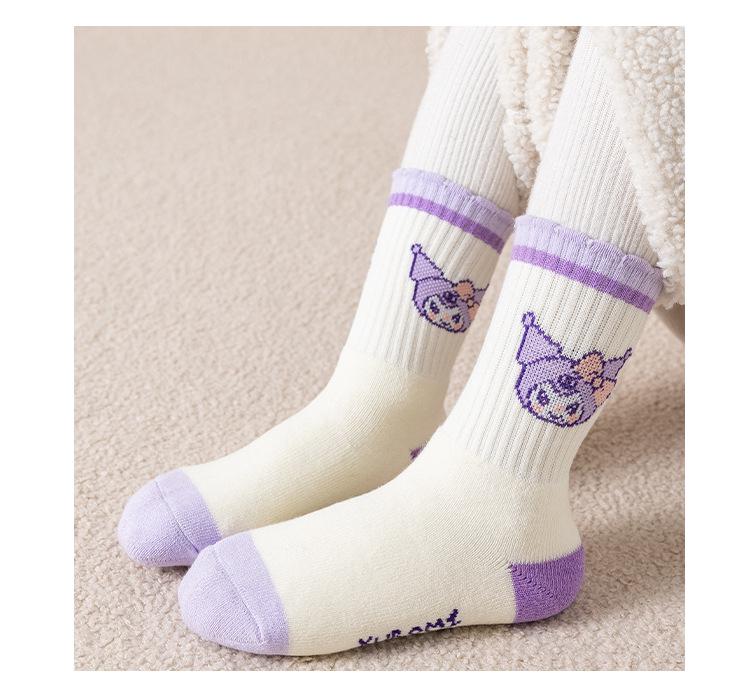 Kuromi Girls' Thick Winter Cotton Socks - Plus Velvet, Warm Terry for Autumn & Winter