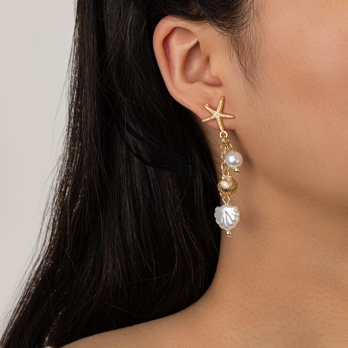 European and American Ocean Style Starfish Stud Earrings, Imitation Pearl Shell Pendant Earrings