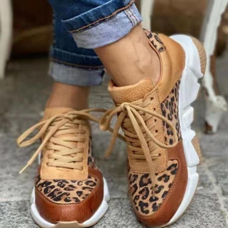 221 Thick-soled Round Head Low-top Leopard Print Single Shoes Large Size Lace-up Sneakers Flat Heel