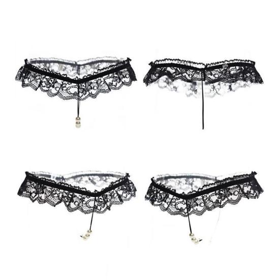 Women Lace Solid G-string Pearls Inside Color Faux Wear Female Hollow Out See