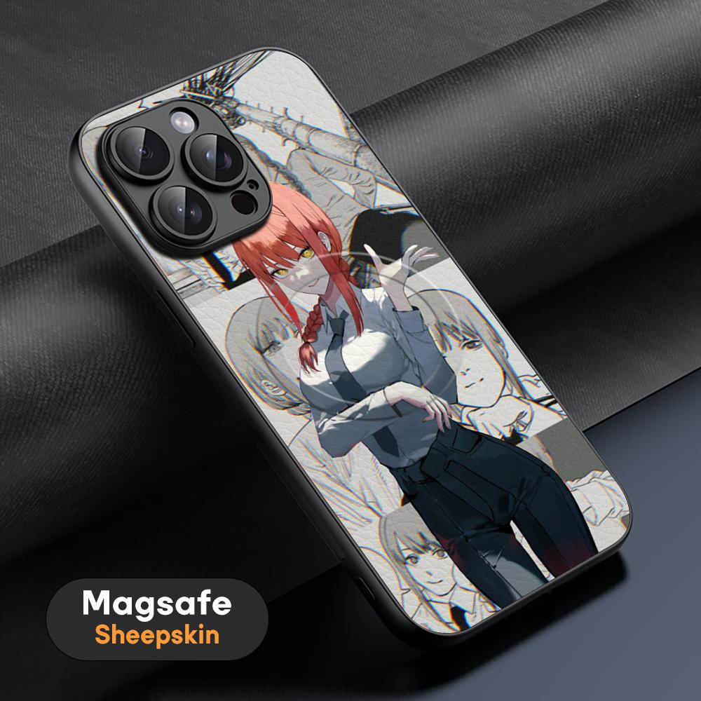 Makima X mitaka asa Chainsaw Phone Case For iPhone 16 15 14 13 12 11 Plus Pro Max  High-end Luxury Magsafe Sheepskin