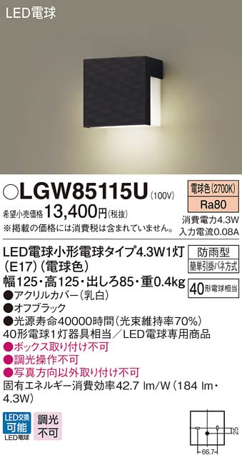 Panasonic LGW85115U Back Exit Light Directly Mounted On the Wall Light Bulb Type 40 Off Black Light/Nameplate Color/Rainproof