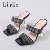 Fashion Liyke New Brand 9CM Strange High Heels Women Slippers Fashion Transparent PVC Rhinestone Sandals Summer Party Prom Shoes Ladies
