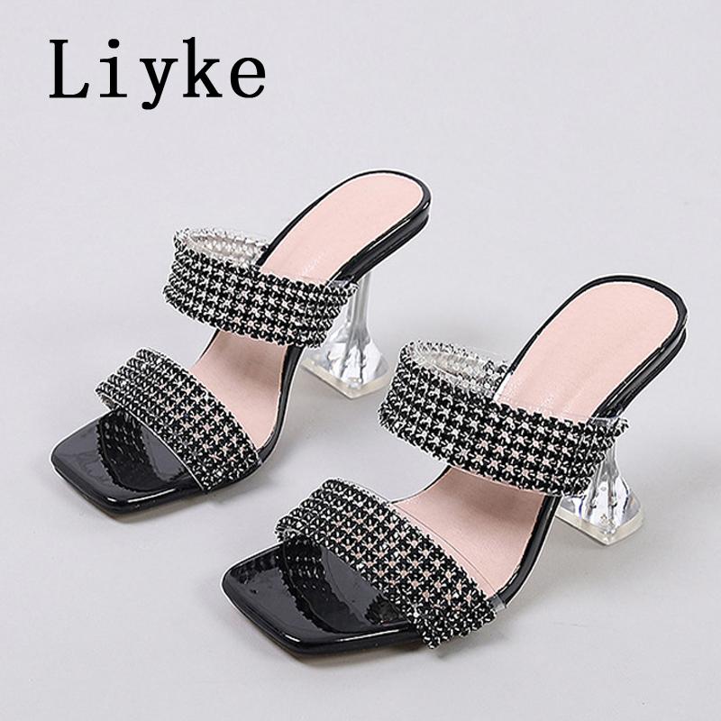 Fashion Liyke New Brand 9CM Strange High Heels Women Slippers Fashion Transparent PVC Rhinestone Sandals Summer Party Prom Shoes Ladies