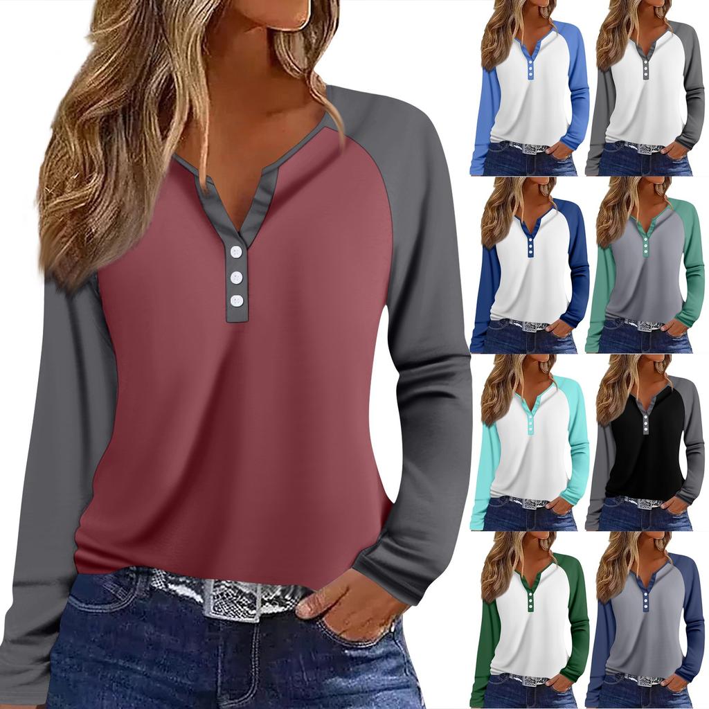Women's T Shirt Color Block Button Long Sleeve Daily Weekend Fashion Basic V- Neck Regular Top