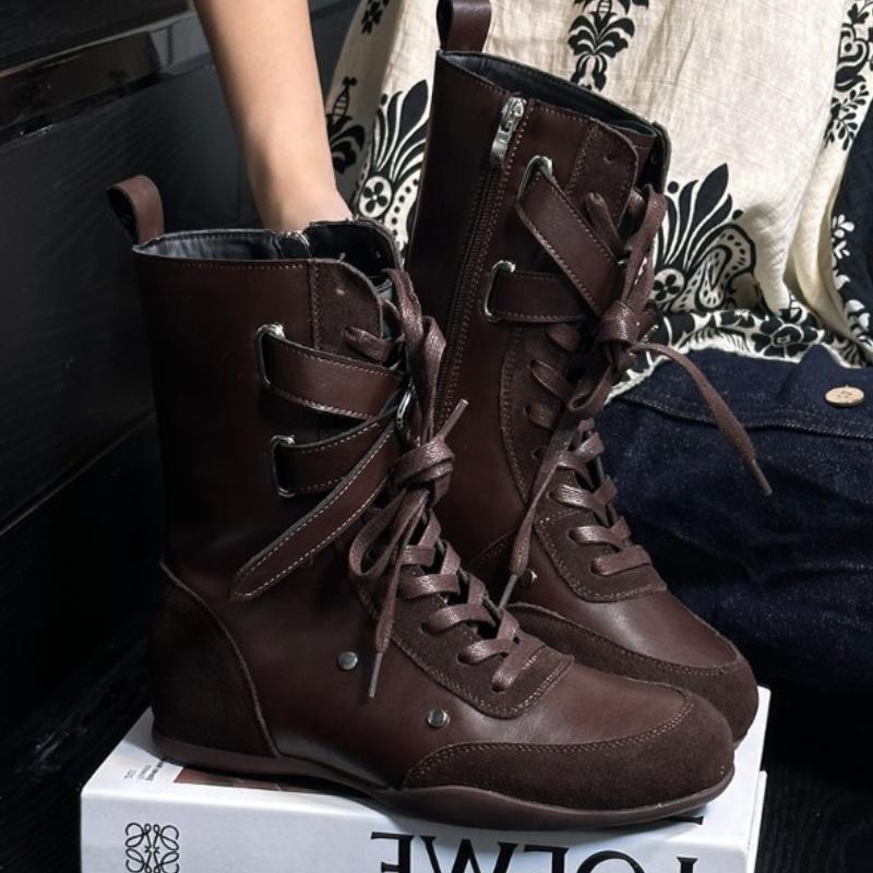 Fashion Design Sensation Boxing  Boots 2025 New Fashion Side Zipper Haome Mid-Calf Dequn Women's Boots Trendy Cross Bule