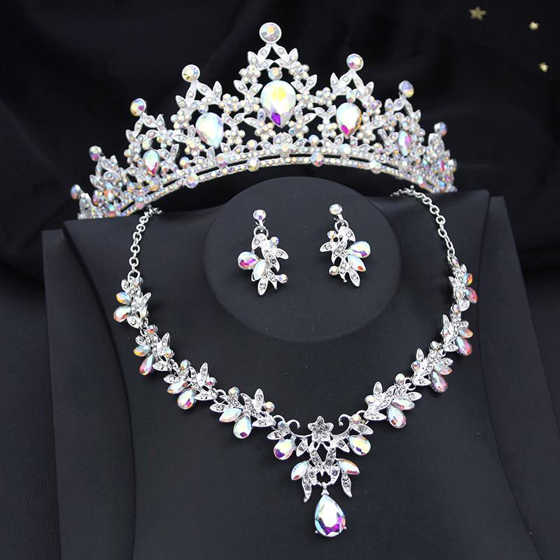 Gorgeous Princess Purple Crystal Bridal Jewelry Sets for Women Tiaras Crown Bride Earrings Wedding Necklace Jewelry Set