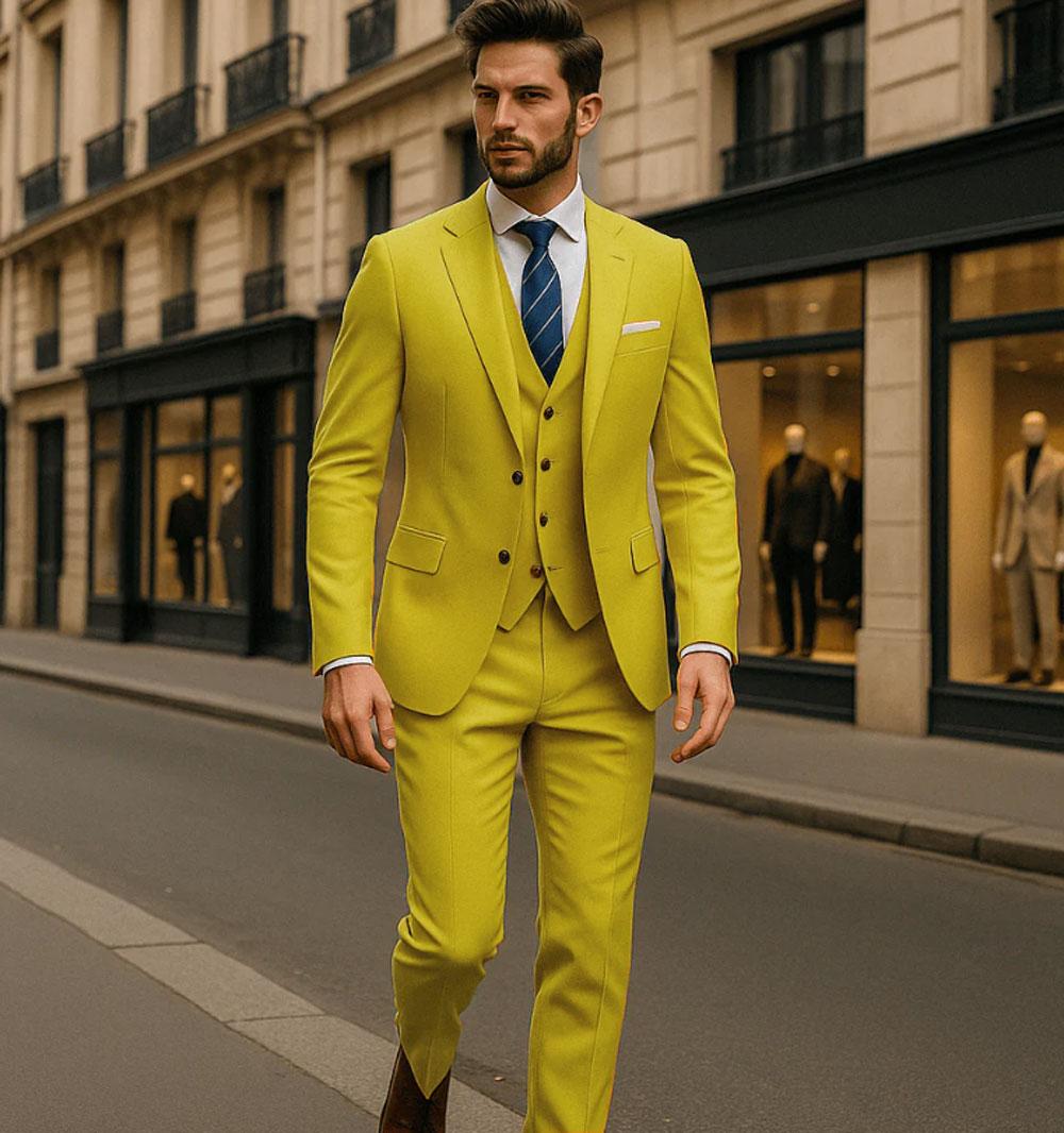 

Классический мужской костюм-тройка приталенного кроя, пиджак, брюки, жилет, формальный, для работы, деловой, свадебный, смокинг жениха, мужские костюмы S жёлтый