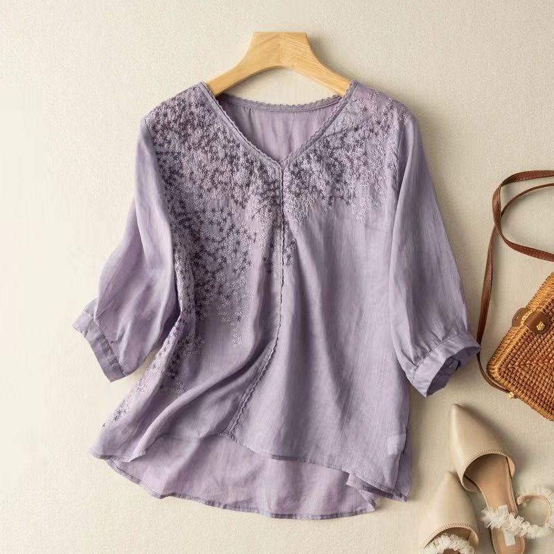 2024 Summer Embroidered Lace Cotton Linen Plus Size Short Sleeve Slimming Blouse
