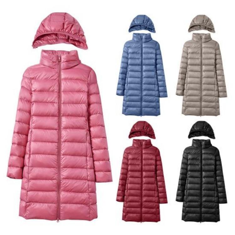 Women Plus Size Winter Down Coat Slim Fit Mid Length Hooded Windproof Warm Padded Long Sleeves Solid Color Zipper Closure