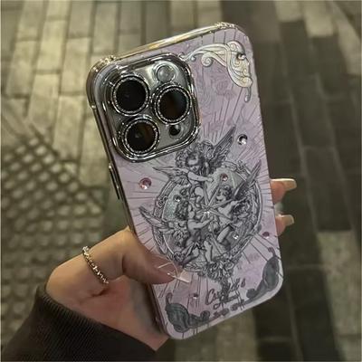 Retro Cupid Angel Aurora Laser Phone Case For iPhone 16 15 14 13 12 Pro Max 11 INS Luxury Glitter Lens Protective Cover