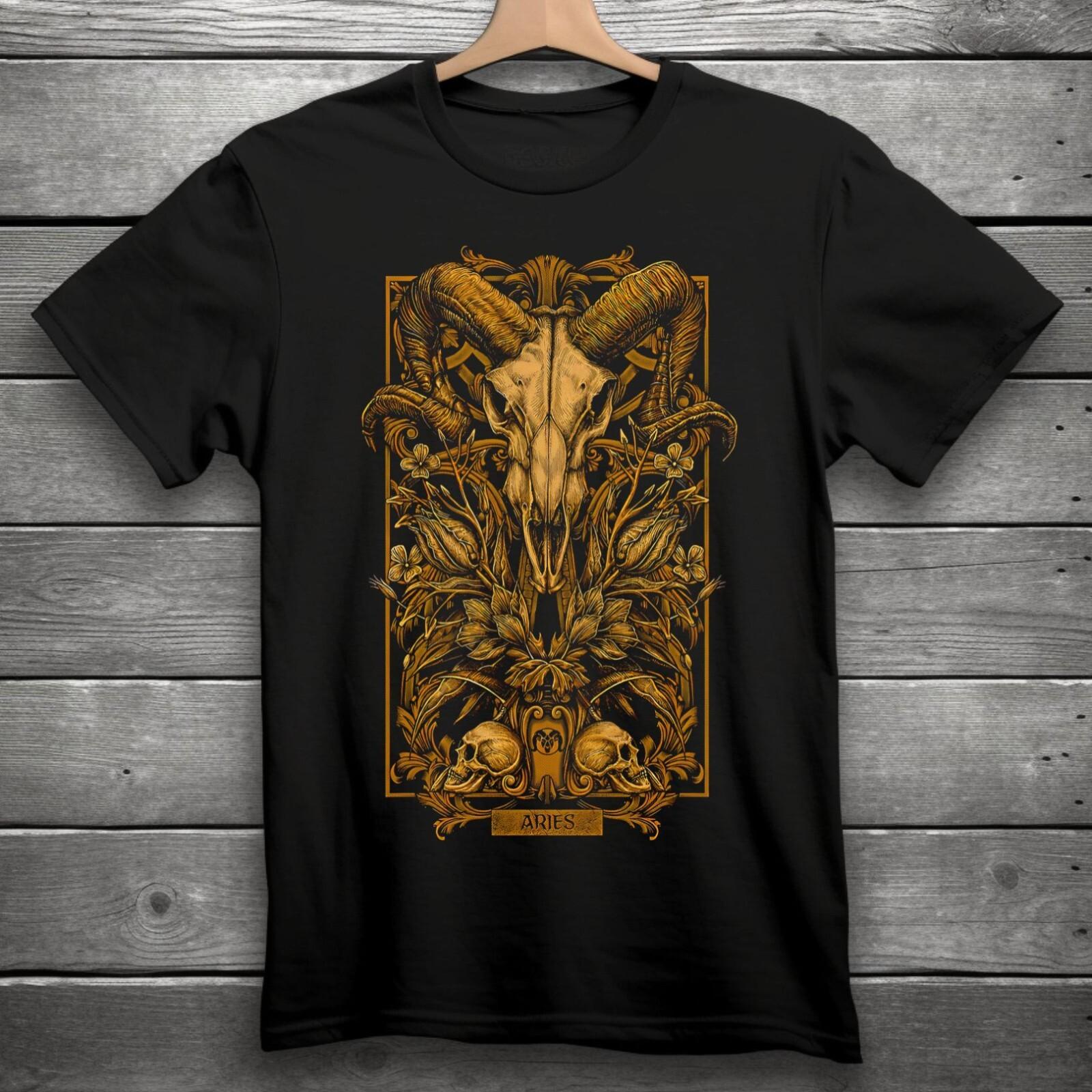 Aries Zodiac Sign Goth Skull Unisex Black T-Shirt S-3XL L