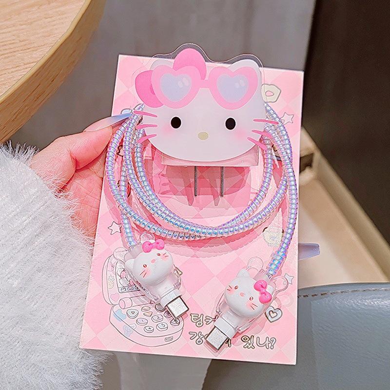 Hello Kitty Ochranný kryt na nabíjecí a datový kabel pro Apple iPhone 18/20W nabíjecí chránič proti zlomení, sada navíječů datového kabelu