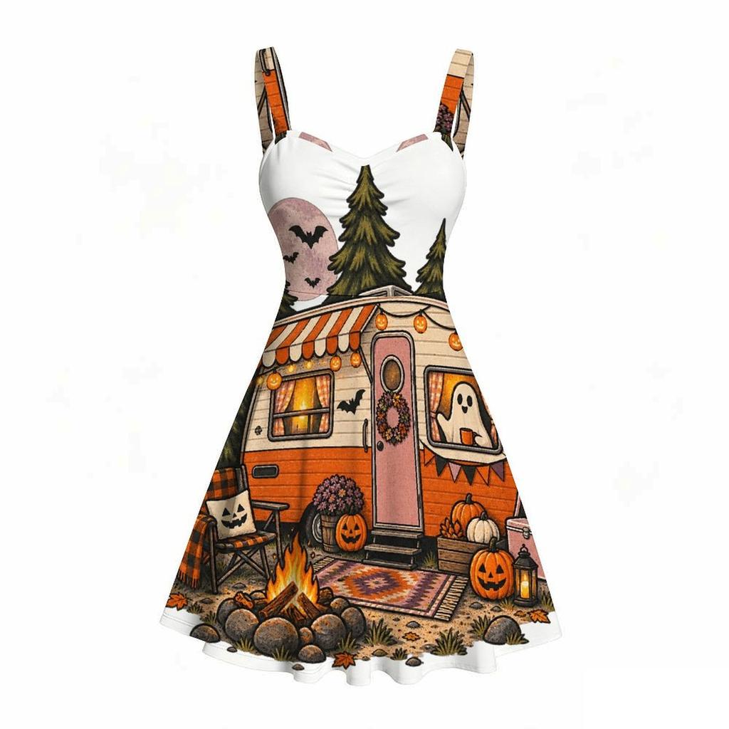 Women Plus Size Off Shoulder Strappy Sleeveless Fitted Waist Ghost Pumpkin Print Flared Dress