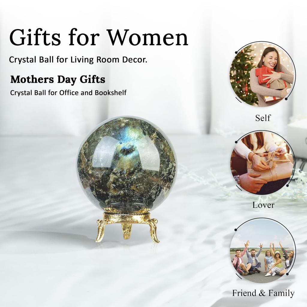 Crocon Labradorite Crystal Sphere with Metal Stand Gemstone Sphere Healing Ball Sculpture Feng Shui Divination Figurine Home Decor Size: 45-55 Mm